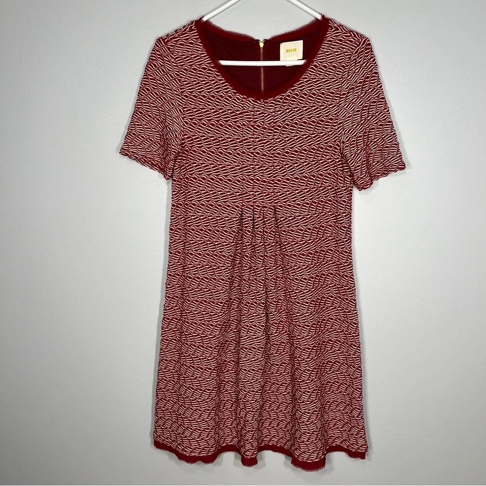 Anthropologie Maeve Dress Womens Small Red White Textured Lined Fringe Hem Zip - Picture 1 of 9